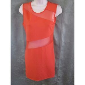 Poof Couture Dress Size Medium Stretch Knit Sheer Mesh Inserts Bright Coral NWOT